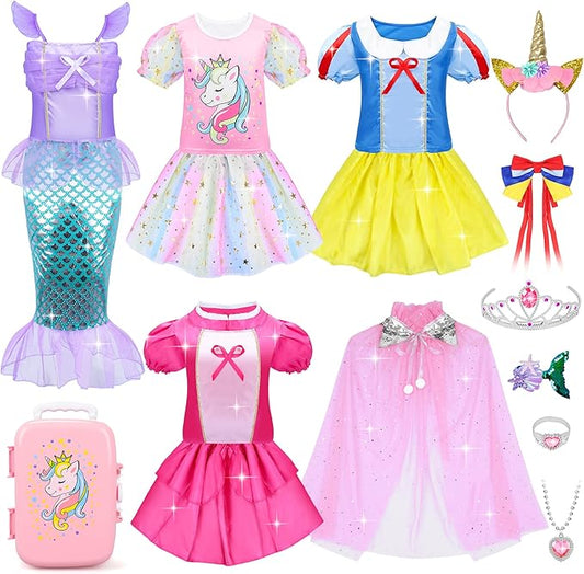 15 Pcs Princess Dress Up Clothes for Little Girl Set, Princess Pretent Play Outfit Toys for Toddler Girls, Cosplay Birthday Party Gifts for Girls Age 3 4 5 6 7 8+ Year Old