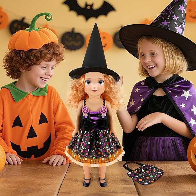 JANYUN 18 Inch Doll Clothes Accessories, Halloween Witch Costume Candy Corn Suit Set with Witch Hat Candy Bag for Doll Halloween Costumes Gifts for Children