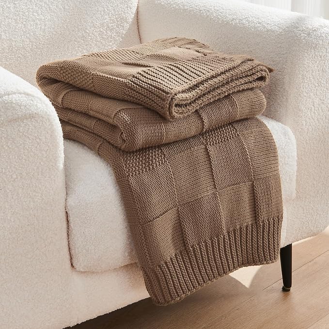 CozeCube Light Brown Knitted Checkered Throw Blanket 60"X80" | Check Knit Throw for Couch, Decorative Christmas Soft Cozy Warm Blanket for Bed Sofa Living Room