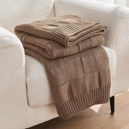 CozeCube Light Brown Knitted Checkered Throw Blanket 60"X80" | Check Knit Throw for Couch, Decorative Christmas Soft Cozy Warm Blanket for Bed Sofa Living Room