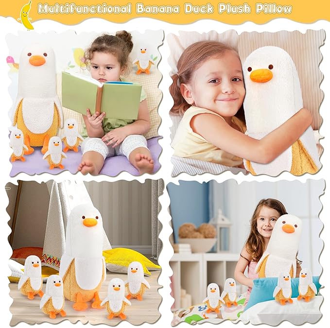 Auspicious Beginning 5-Piece Banana Duck Plush Family - Cute 20'' Mommy Duck with 4 Baby Duck Plushies - Kawaii Plush Toys for Kids' Birthdays