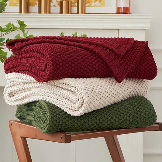 Chunky Cable Knit Throw Blanket Lightweight Burgundy 100% Organic Cotton Blanket for Sofa Couch Bed Baby Nursery, Rustic Shabby Chic Modern Farmhouse, 51” x 63” Give Laundering Bag