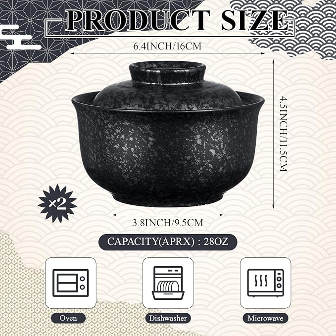 SiliFine Ramen Bowl Set of 2 Ceramic Ramen Bowl with Lid 25oz Microwave Clay Pot Traditional Japanese Tableware Korean Clay Pot for Christmas Soup Salad Meal Rice Home Office(Black,Calssic)