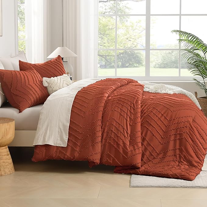 Andency Burnt Orange Oversized Super King Plus Comforter Set 128x120, Extra Large King Size Comforter Oversize Boho Soft Warm Bedding Comforter Sets, 3 Pieces Aesthetic Chevron Textured Bedding