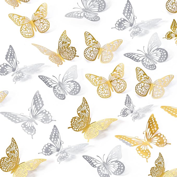 SAOROPEB 3D Butterfly Wall Decor 48 Pcs 4 Styles 3 Sizes, Butterfly Birthday Decorations Party Decorations Cake Decorations Wedding Decor, Removable Stickers (Gold, Silver) | 4 Styles 3 Sizes, Party Decorations Birthday Cake Decorations Wedding Decor, ...