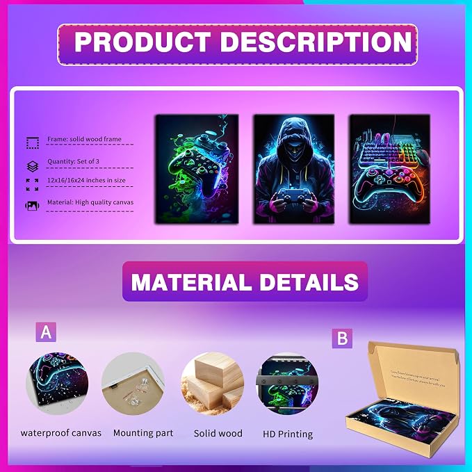 BGFCE Cool Gaming Canvas Wall Art Set of 3, Retro Video Game Watercolor Poster Pictures, Neon Gamepad Gamepad Painting Prints Game Room Bedroom Wall Decor 16x24 in Framed