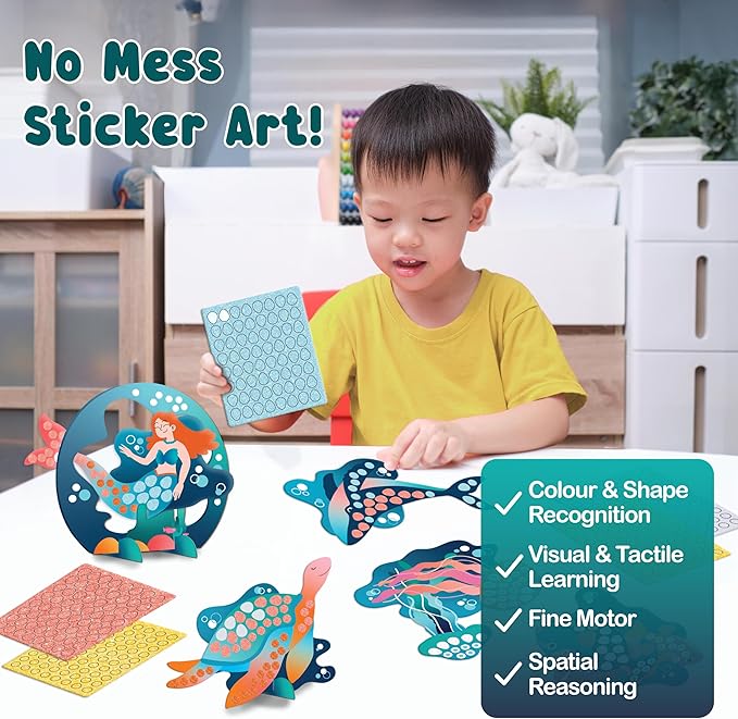 BINCA Foam Sticker Mosaic Art Activity, 750+ 3D Glitter Foam Stickers, 5 Underwater Animals with Display Arch, DIY Mess-Free Activities, Felt Craft Kits & Gifts for Boys & Girls Ages 5,6,7,8