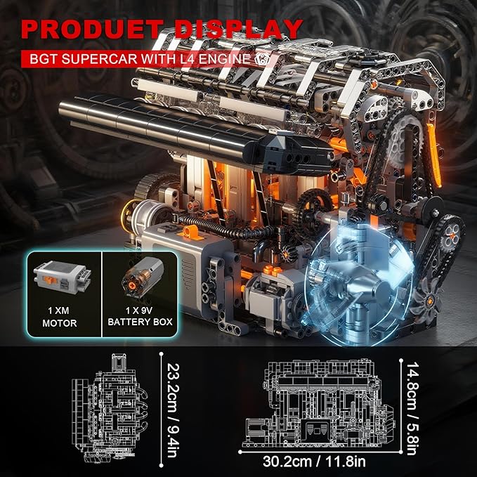 Sosuy Inline-4 (L4) Motorized Building Block Engine Model Kit – Electric Drive, Realistic Working Replica, STEM Engineering Educational Toy Gift for Kids & Adults