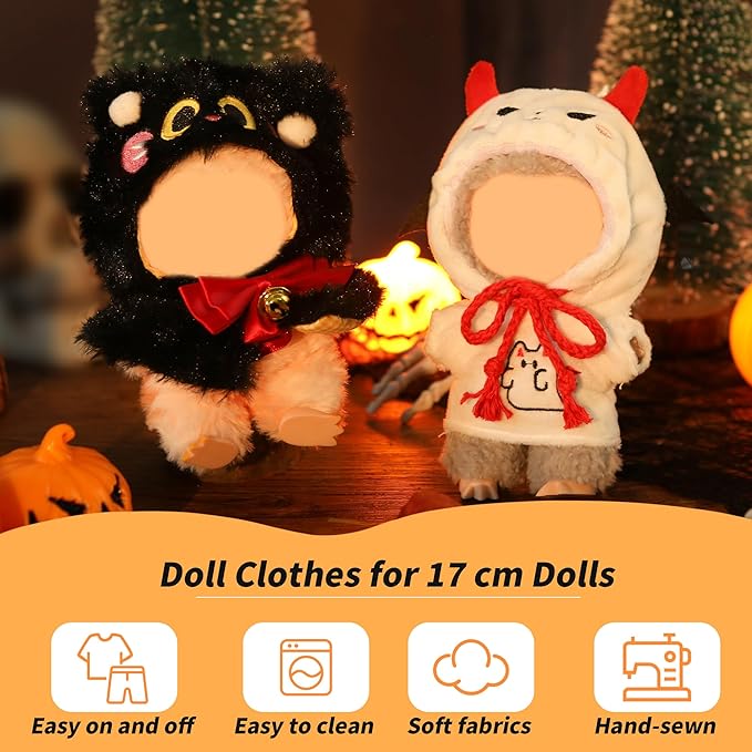 Clothes for Labubu Doll,6.7 Inch Doll Clothing Set - 2 Pieces of Handmade Clothes and Accessories for 17cm Plush Toys - Black and White Devil Halloween Set