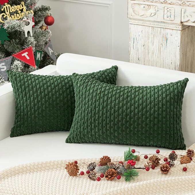 Kevin Textile Soft Corduroy 14"x24" Lumbar Pillow Cover 1 Pack, Dark Green | Boho Stripe Plush Corduroy Decorative Oblong Cushion Cover Modern Farmhouse Home Decor for Sofa Couch Bed Chair