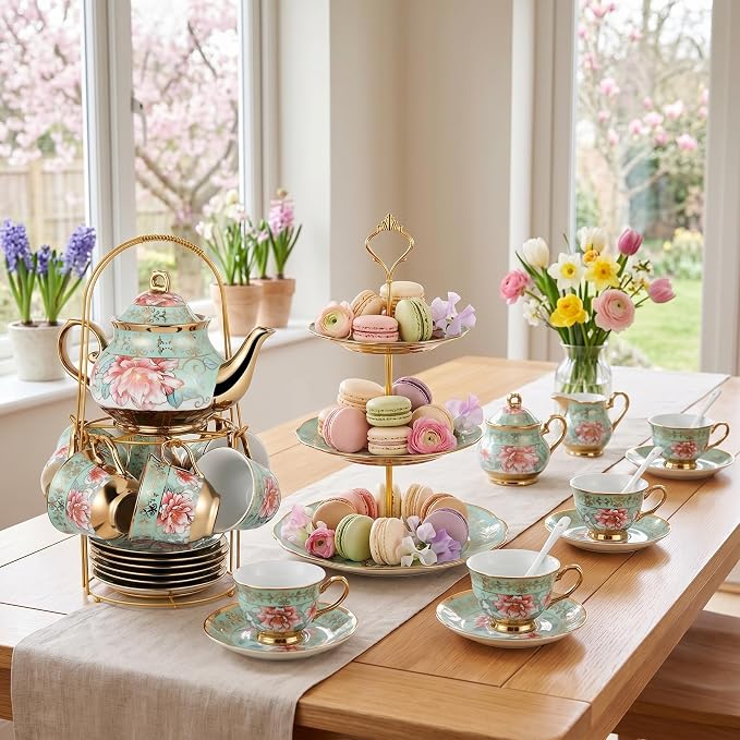 Maxcheck 21 Pcs Porcelain Tea Set for Women Tea Party with Metal Holder and 3 Tier Cake Stand Ceramic European Floral Teapot Set for Adults Mother's Day Christmas Thoughtful Gift(Fresh Style)