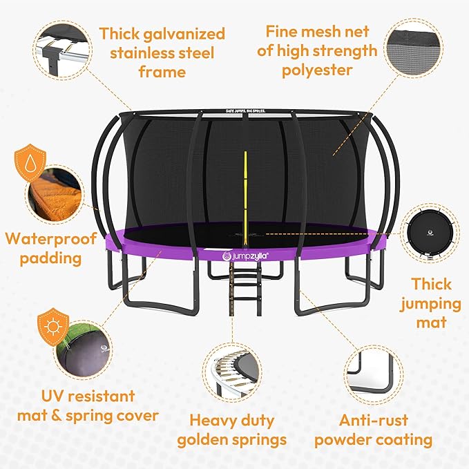 JUMPZYLLA Trampoline Outdoor 8FT 10FT 12FT 14FT 15FT 16FT with Enclosure and Ladder, ASTM Approved Recreational Trampoline for Kids and Adults, Anti-Rust Coated Frame