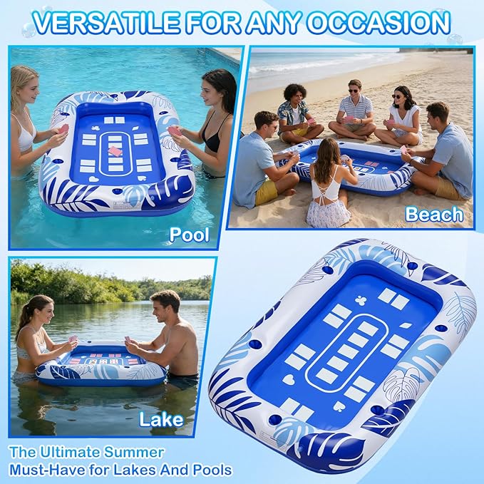 56IN Oversize Floating Card Game Table for Pool with Waterproof Cards - Inflatable Floating Card Table for Adults, Snack Drink Tray with Cup Holders, Hot Tub Lake Summer Beach Fun Accessories