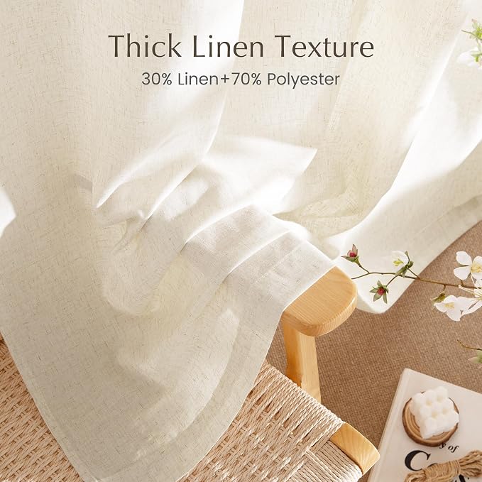 NICETOWN Linen Flax Semi Sheer Curtains 92" Length, Grommet Window Treatments Privacy Added with Light Penetration Vertical Drapes for Loft/Home Office, Natural, W55 x L92, 2 Panels