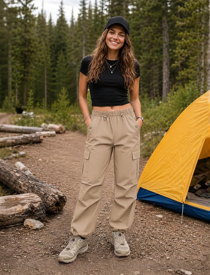 COPYLEAF Cargo Pants Women Elastic Waisted Parachute Hiking Pants with Pockets Water-Resistant Lightweight Baggy Pants