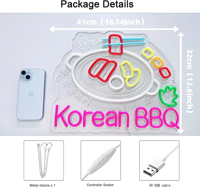 Korean BBQ Neon Sign,Korean Food LED Light Sign Wall Decor | Neon Lights Hanging Wall Art Decoration for Korean Restaurant Grill Kitchen Home Decor,USB Powered Dimmable,16.14×12.6 In