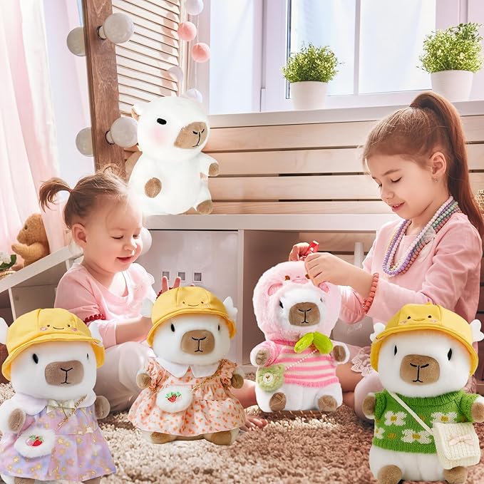 10.2" White Capybara Plush with 9 Pcs of Clothing and Accessories Super Soft Capybara Stuffed Animal Capybara Plush Toy is Suitable for Kids, Girls and Boys