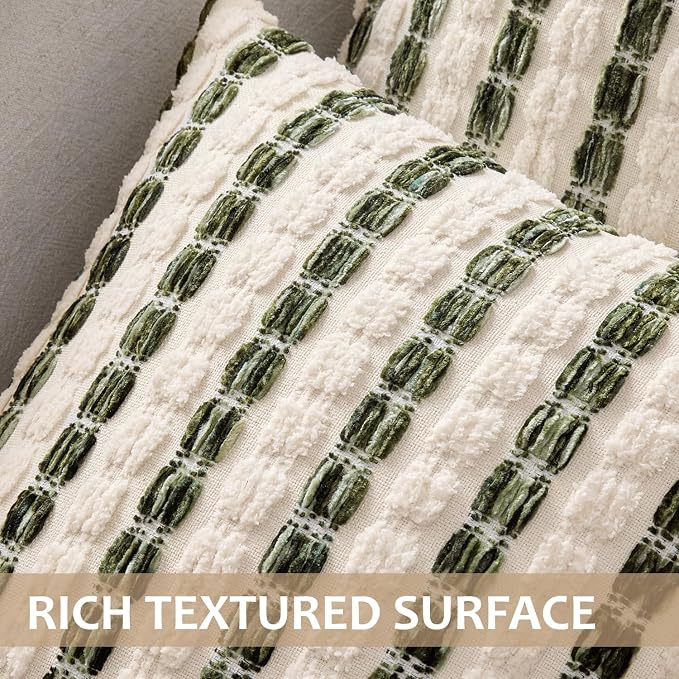 ANRODUO Boho Chenille Decorative Pillow Covers 20x20 Set of 2 Green White | Textured Tufted Stripes Woven Cushion Case, Farmhouse Accent Neutral Pillowcase for Couch Sofa Bed Living, Room Decor