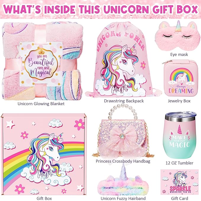 9PCS Unicorn Gifts for Girls Age 4-6 6-8, Toddler Girl Toys with Unicorn Glow in The Dark Blanket Crossbody Purse Kids Christmas Birthday Gifts Toys for 3 4 5 6 7 8+ Year Old Teen Girls Daughter Niece