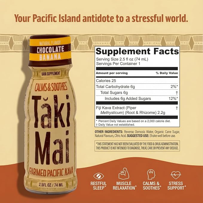 Taki Mai Chocolate Banana Kava Kava 2.5 oz (6-pack) Shots – Noble Kava Root Drink, Ready to Drink for Stress Support & Relaxation, Fast Acting Herbal Support for Calming Better Sleep and Balanced Mood