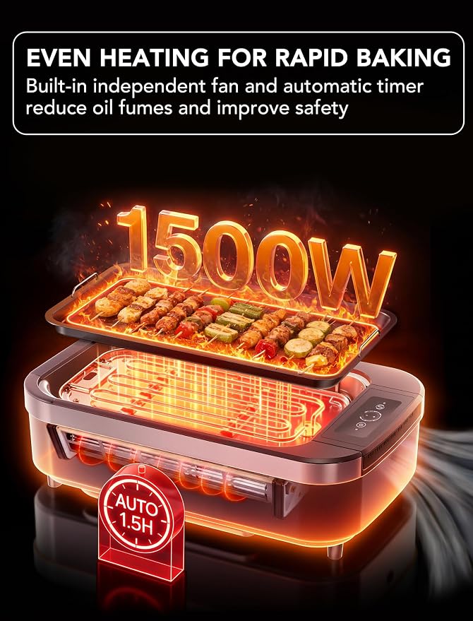 indoor Smokeless Grill, COWSAR indoor Grill, 1500W Electric Grill with Tempered Glass Lid & Drip Tray, Portable Non-Stick Korean BBQ Grill, 6-Level Control, 90 Min Auto, Dishwasher Safe