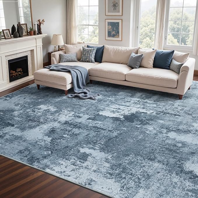 9x12 Ft Extra Large Washable Area Rugs for Living Room, Soft Non-Slip Modern Abstract Print Pattern Carpet for Bedroom Indoor Floor Nursery Home Decor (Blue Grey)