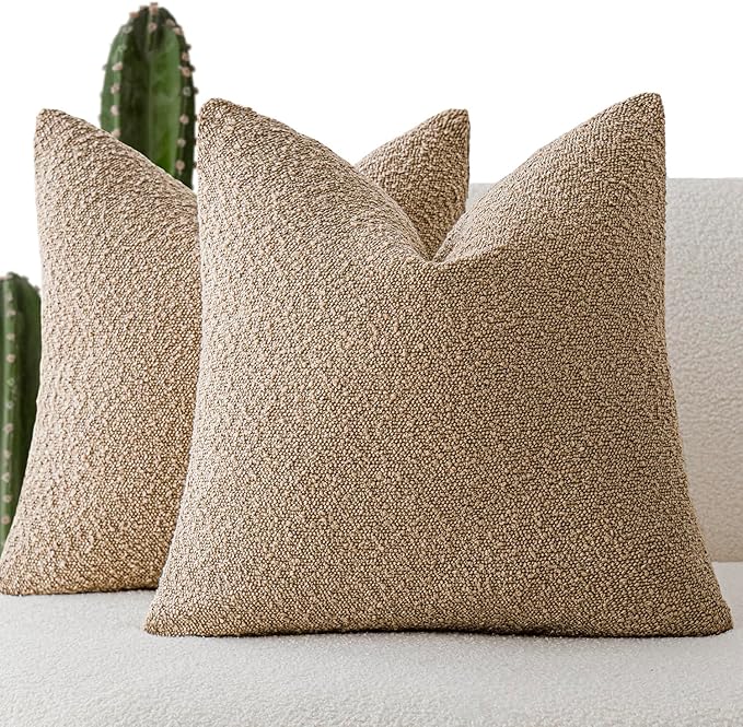 Foindtower Pack of 2 Textured Boucle Throw Pillow Covers Accent Solid Pillow Cases Cozy Soft Decorative Couch Cushion Case for Chair Sofa Bedroom Living Room Home Decor, 20 x 20 Inch,Taupe Khaki Camel