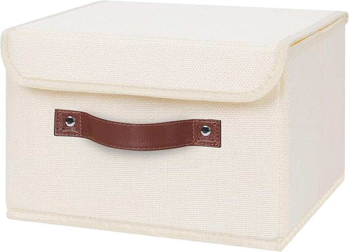 ANMINY Fabric Storage Box Bins with Lids, Beige, 10"x8"x7", 4 Pack | Keepsake Memory Storage, Cotton Linen, PP Board Reinforced, Washable, PU Handles, Foldable & Stackable, Decorative, Small