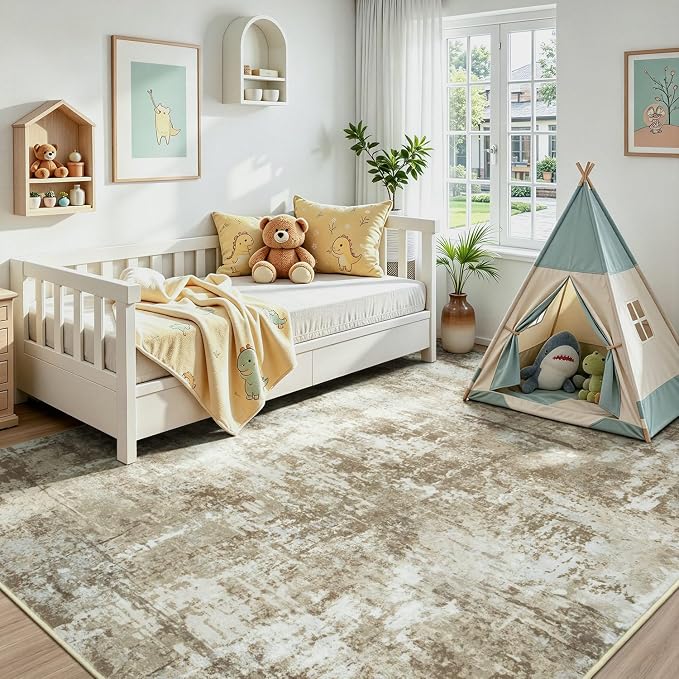 Rugflix 8x10 Area Rugs for Living Room, Washable Brown Large Rug | Machine Washable; Stain-Resistant; Low Pile; Non-Slip; Modern Abstract; Carpet for Bedroom Dining Office Nursery Home