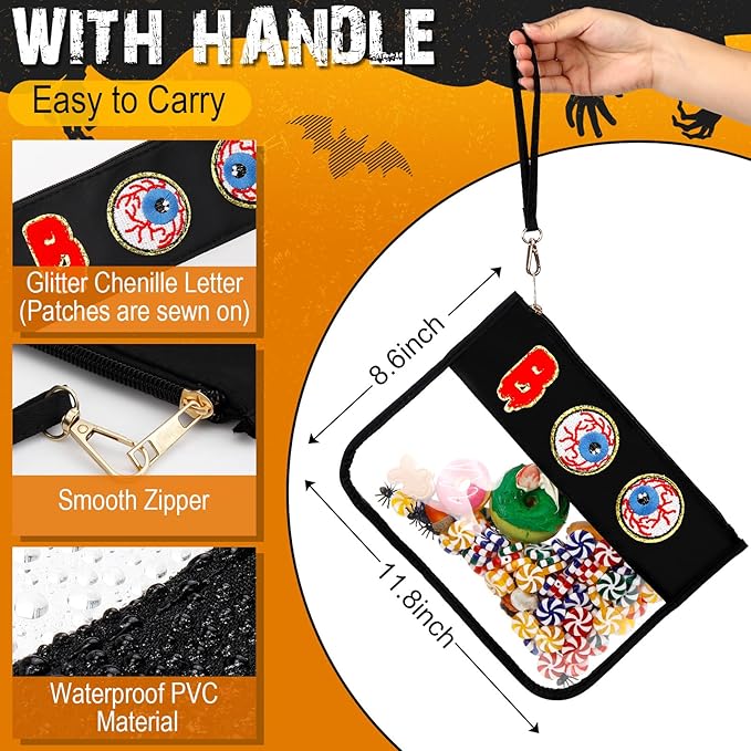 Remerry 2 Pcs Halloween Christmas Chenille Letter Clear Pouch Candy Treat Snack Goodie Bag PVC Makeup Cosmetic Bag Waterproof Preppy Purse Gifts for Women Girls (Spooky Eye & Halloween Witch Hat Set)