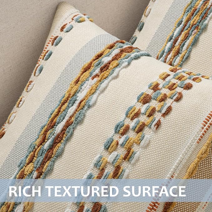 ANRODUO Boho Decorative Throw Pillow Covers 18x18 Inch Rust Blue Pack of 2 | Throw Pillow Covers, Farmhouse Cushion Case, Chenille Pillow Cases, Pillow Covers, Accent Neutral Pillowcase for Sofa Couch
