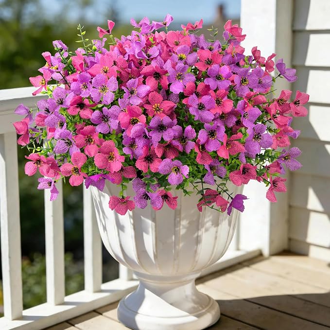 Ouddy Decor 16 Pcs Artificial Flowers for Outdoors Decor, Purple & Rose Red | Realistic, silk flowers, faux plastic plants, UV resistant, for summer garden porch window vase indoor outdoor home decor