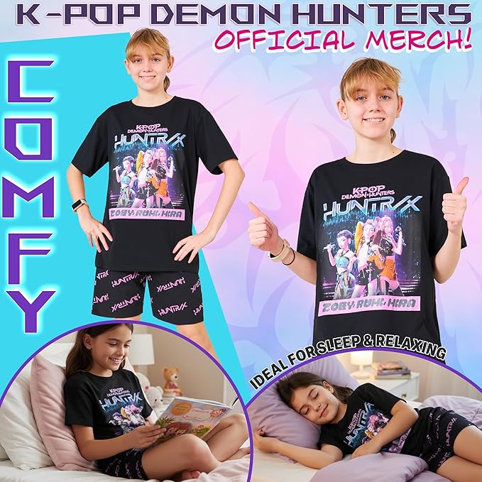 KPop Demon Hunters Officially Licensed 2-Pc Pajamas Set Girls, 5–14 Yrs, Soft PJs Lounge Set T Shirt Shorts, Gifts for Girls