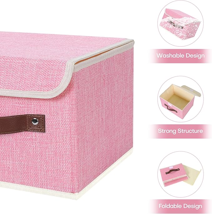 ANMINY Fabric Storage Box Bins with Lids, Pink, 10"x8"x7" | Keepsake Memory Storage, Cotton Linen, PP Board Reinforced, Washable, PU Handles, Foldable & Stackable, Decorative, Small
