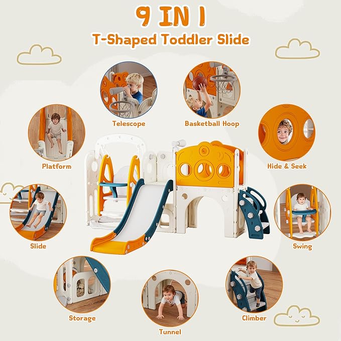 GITAWUSA 9 in 1 Toddler Slide and Swing Set, Slide for Toddlers 1-3, Kids Indoor Outdoor Playset Playground with Basketball Hoop, Telescope