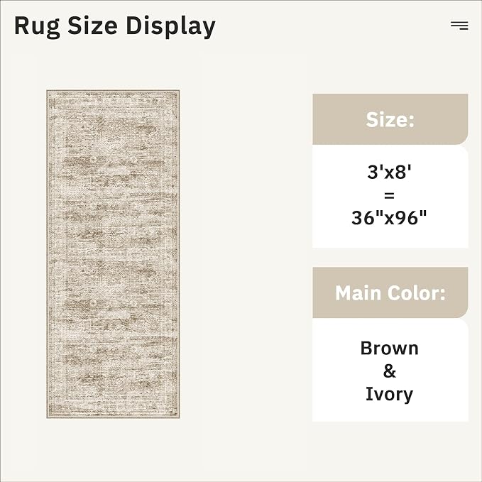 Soalmost Washable Kitchen Runner Rug 3x8 Hallway Entry Rugs Non-Slip, Brown | Vintage Runners 8ft for Bathroom Laundry Room, Foldable Low-Pile Floor Carpet Mat for Entryway Corridor Bedroom