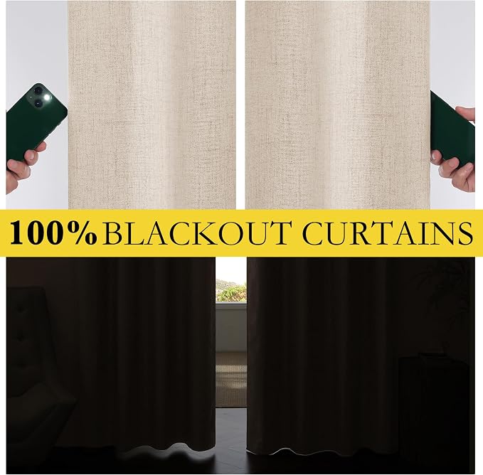 NICETOWN 100% Black Out Curtains 48 inch Long, Thermal Insulated & Noise Reducing Window Draperies with Grey Liner, Linen Blend Short Drapes for Kids' Room (52" W by 48" L, 2 Panels, Beige)