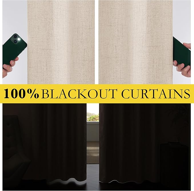 NICETOWN 100% Blackout Linen Curtains 108" Length, Thermal Insulated Long Drapes with Light Blocking Liner, Farmhouse Style Window Draperies for Hall/Villa, Living Room (2 Panels, 52" Wide)