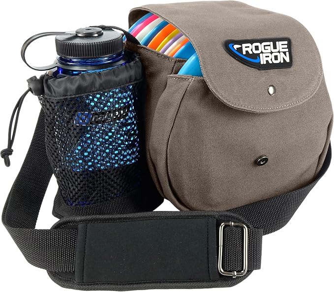 Rogue Iron Disc Golf Satchel Bag- Sling Tote Bag for Frisbee Golf - Holds Up to 14 Discs, Large 32oz Water Bottle, and Accessories V2 (14 Disc Gray)