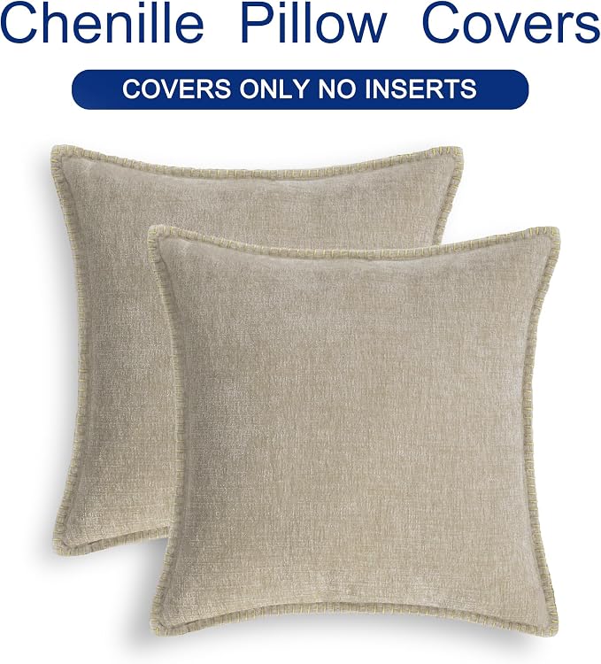 CaliTime Decorative Couch Throw Pillow Covers 18 X 18 Inches Light Taupe | Pack of 2, Cozy Chenille Cushion Cases, Cotton Thread Stitching Edges, for Sofa Bed Living Room Farmhouse