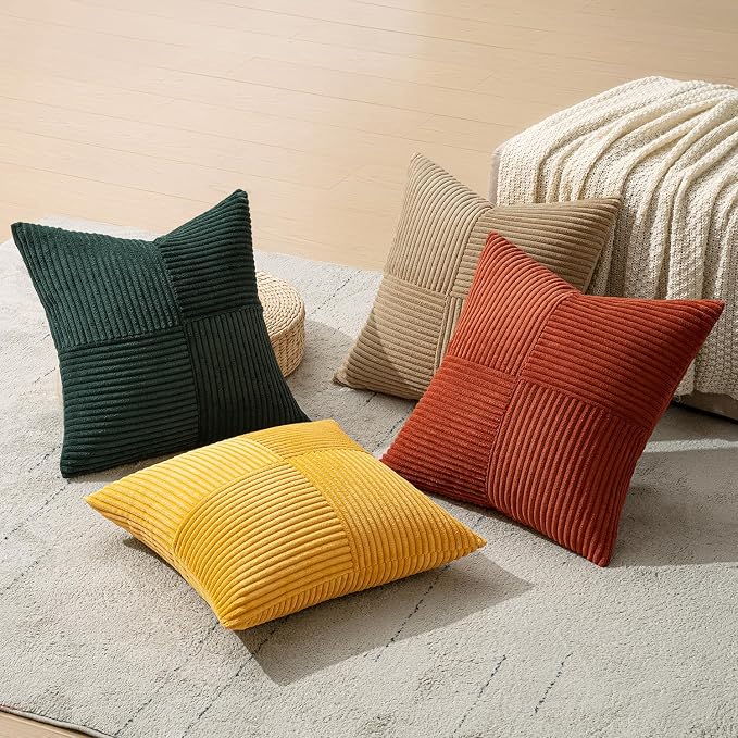 MIULEE Fall Green Rust Throw Pillow Covers 18x18 Inch Set of 4 Boho Farmhouse Soft Corduroy Striped Cushion Cases Decorative Color-Clash Home Decor for Couch Sofa Living Room Bed