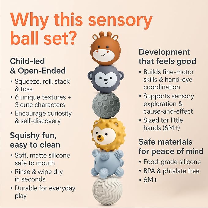 6-Pack Baby Sensory Balls, Textured & Animal Face Toddler Balls, BPA-Free Soft Teething Toys, Montessori Developmental Toys for Babies 6-12 Months, for Infant