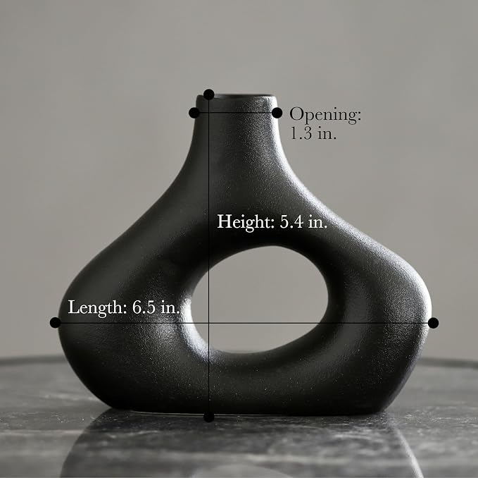 Carrot's Den Black Ceramic Modern Vase Set of 2, Donut Shelf Decor, Black | Pair for bookshelf and bookcase decor, mantel styling, or home staging. Holds dried stems and faux plants indoor.