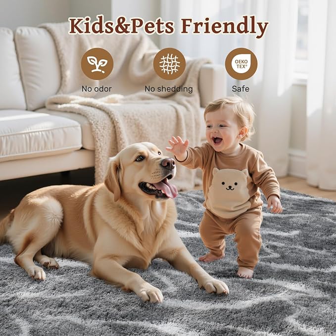 Area Rugs for Living Room 6x9 Feet, Soft Fluffy Shagg Plush Bedroom Rug Non-Slip,Large Carpet for Nursery Kids Dorm Home Decor Wavy Grey