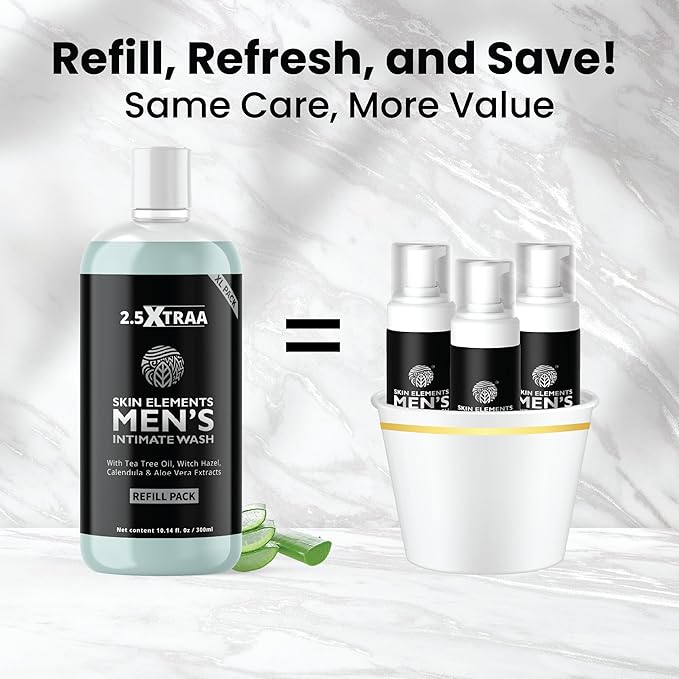 Skin Elements Men's Intimate Wash JUMBO Pack | with Refill | For 180 Days | 14.2 fl. oz | pH Balanced Hygiene Foaming Wash | Controls Bad Odor | Tea Tree Oil | Super Saver Pack |