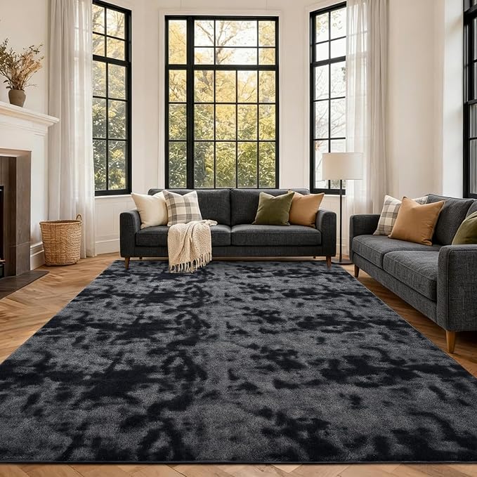 FinRèc 6x9 Washable Area Rugs for Bedroom Living Room, Low Pile Thin Ultra Soft Shag Rug, Non-Slip Carpet Indoor for Home Decor (Tie-dye Dark Grey)