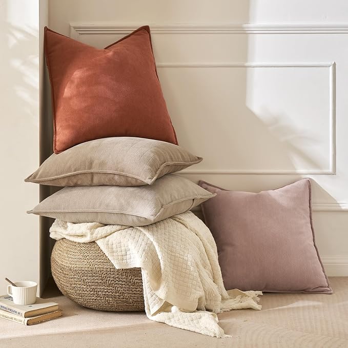 MIULEE Pack of 2 Beige Decorative Chenille Pillow Covers 18x18 Inch | Soft Couch Throw Pillows,Farmhouse Cushion Covers with Elegant Design for Sofa,Bedroom,Living Room,Spring Home Decor