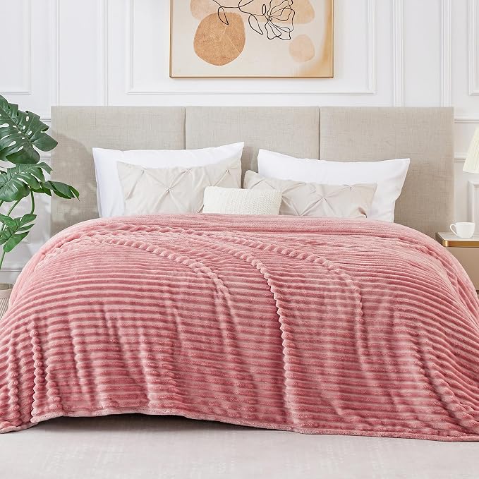 BEDELITE 3D Ribbed Jacquard Pink Blankets Queen Size for Bed, 90x90 Inch | Soft Warm Decorative Fluffy Blanket, Cozy Fuzzy Lightweight Plush Fleece Throw Blankets for Bed, Room Decor, Gift for Women