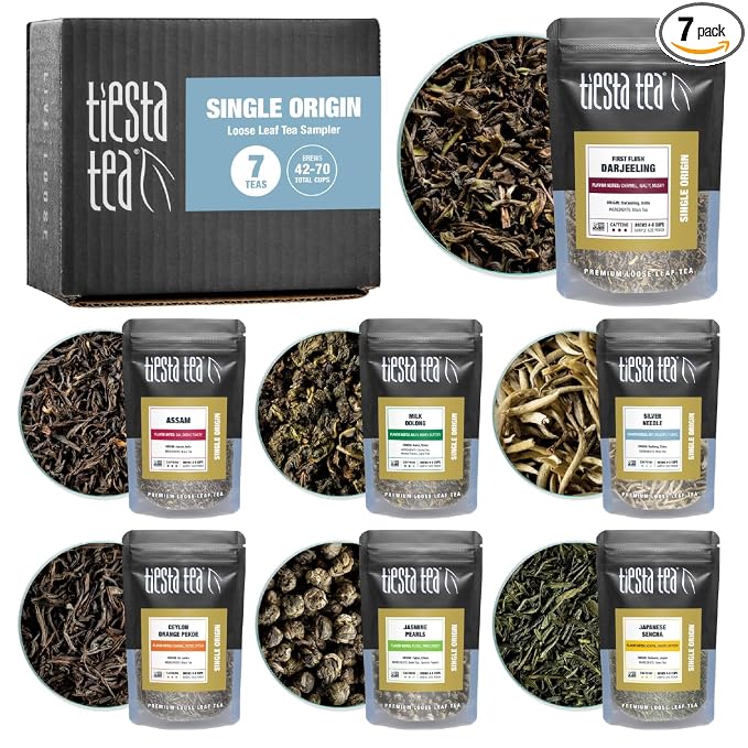 Tiesta Tea - Single Origin Tea Sampler Dry Flight Set, Loose Leaf, High to Low Caffeine, Makes Hot & Iced, Assorted Brew Sets with Green, White, Black & Oolong, 7 Resealable Sample Pouches