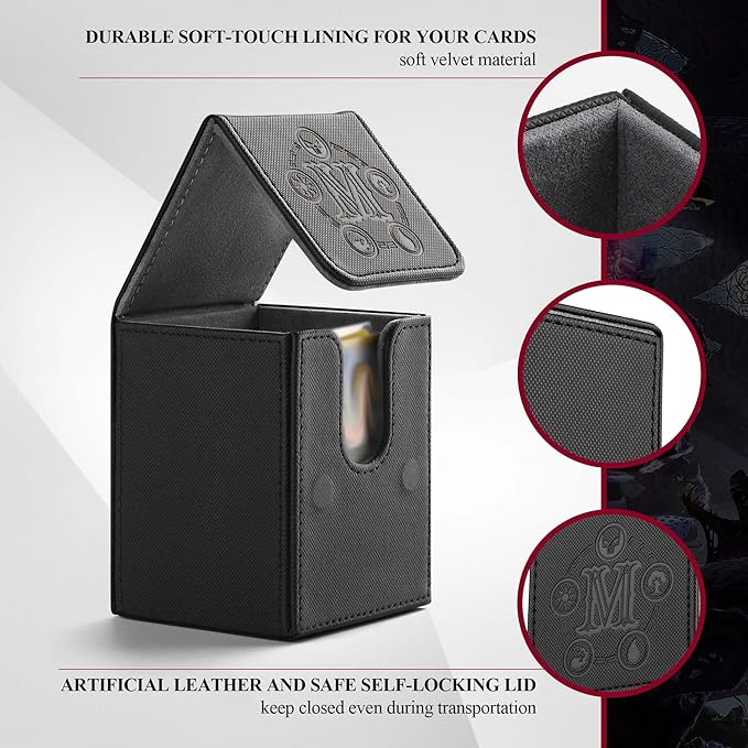 Card Deck Box for MTG Card Storage Box Holds 100 Plus Single Sleeved Cards, Microfiber Lining and Leather Card Box Compatible with Trading Card Games TCG, Yugioh Cards, etc.(Vertical-Black)